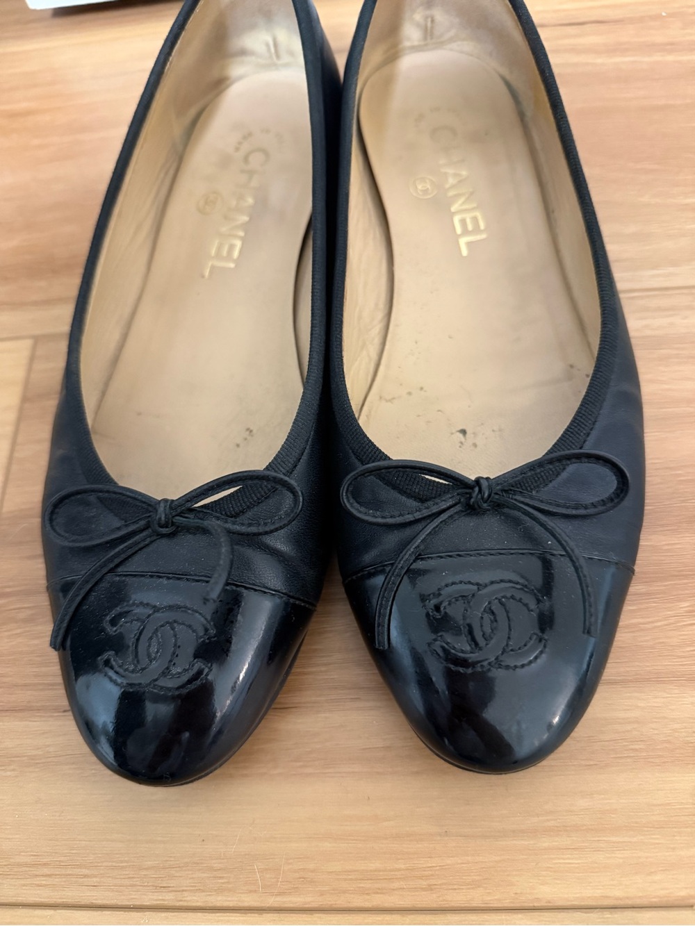 CHANEL Black Leather and Patent Toe Ballet Flats